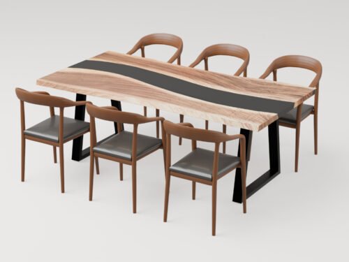 Epoxy bord 2D med sort epoxy og designerstole fra Unika Design