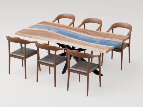 Epoxy bord med transparent epoxy og designerstole fra Unika Design