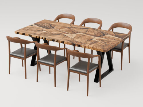 Mosaikbord Artisan i østindisk valnød med designerstole fra Unika Design