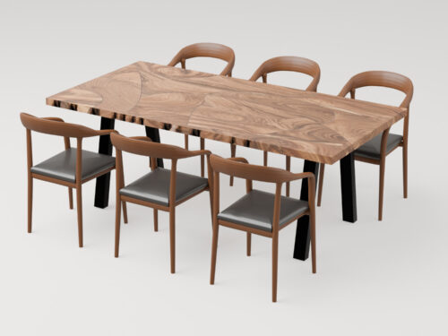 Mosaikbord Enigma i østindisk valnød med designerstole fra Unika Design
