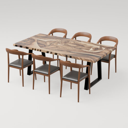 Om os 12 epoxy bord Mosaikbord Face i østindisk valnød med designerstole fra Unika Design
