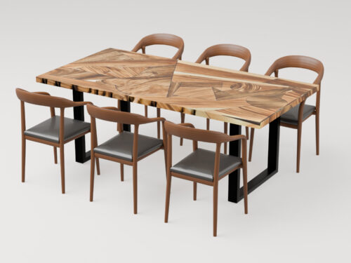 Mosaikbord Zenith i østindisk valnød med designerstole fra Unika Design